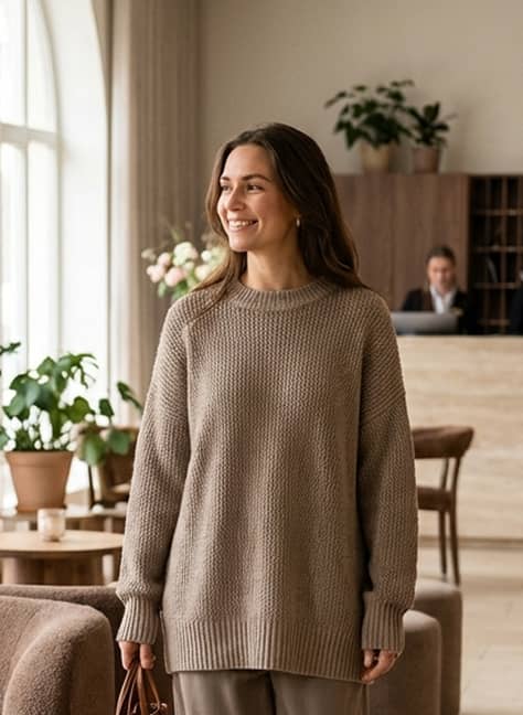 Smiling woman wearing a beige knitted sweater standing indoors near a window with plants and furniture in the background.