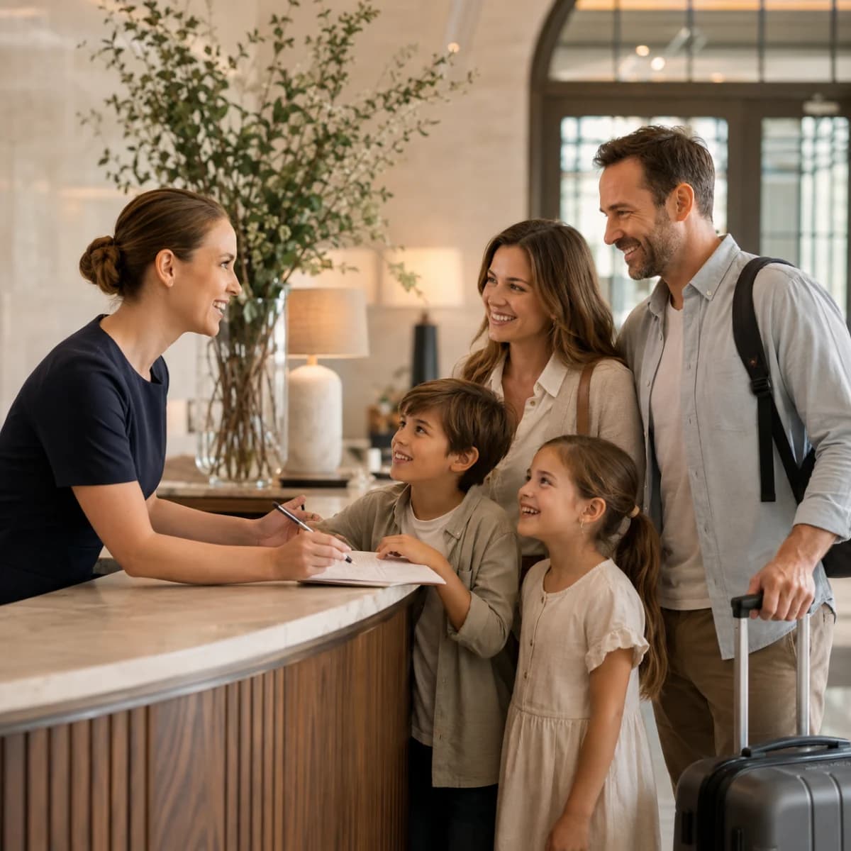 A receptionist checks in a family with two children at a hotel front desk: the welcome Altek's Mews operations give the team time for.