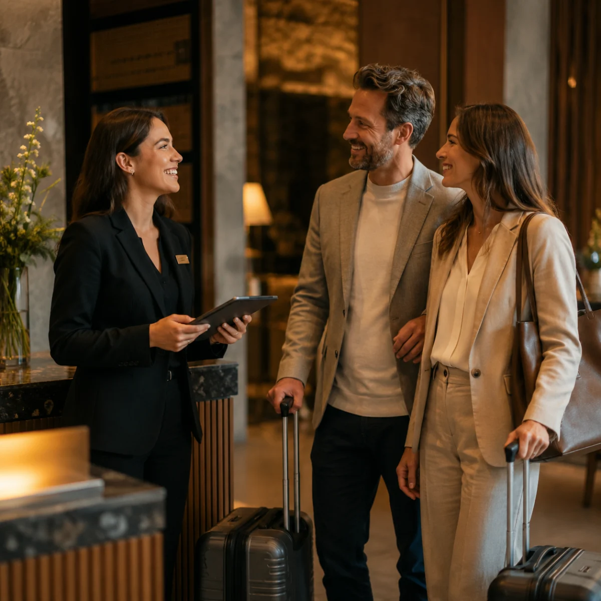 A receptionist greets two arriving guests warmly at the front desk, tablet in hand: the welcome a team can give when Infor HMS has already told them who is walking in.