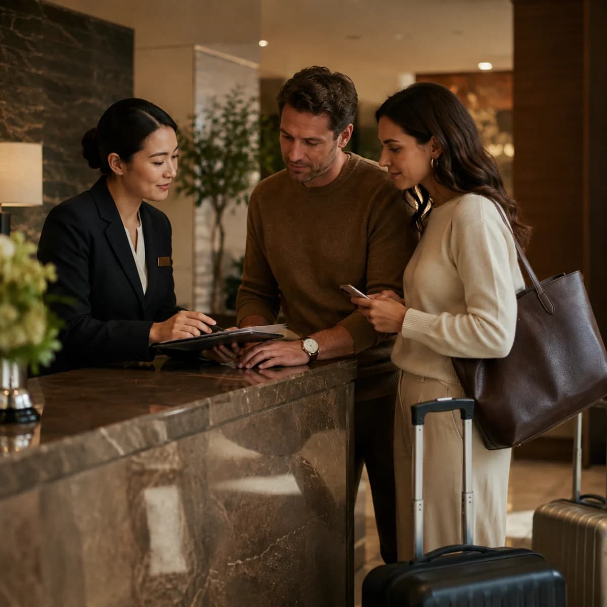 Two guests arriving with luggage at a hotel front desk while the receptionist shows them something on a tablet: the arrival Altek's Opera Cloud operations clear the way for.