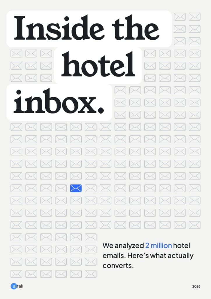Inside the Hotel Inbox 2026 report cover: mail icons on a grid, with the headline We analyzed 2 million hotel emails. Here's what actually converts.