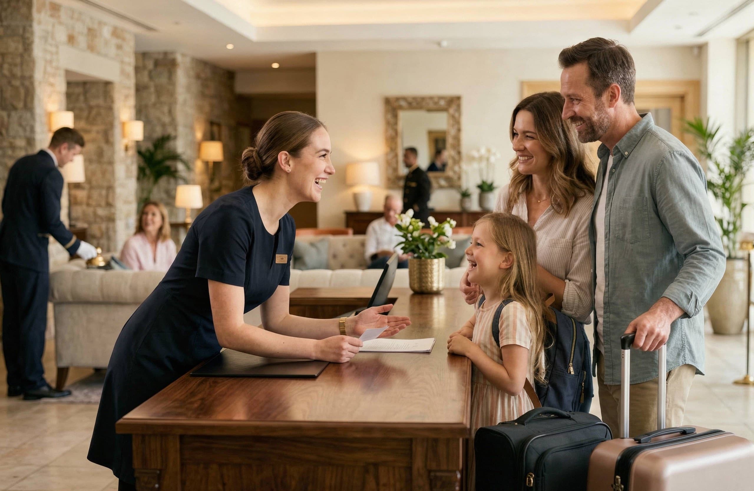 Hotel concierge greeting a family at the front desk: the moments hotel email automation frees up reservation teams to focus on.