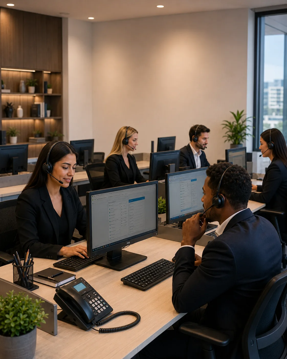 Four reservations agents in headsets working at screens across a shared desk in a central reservations office.