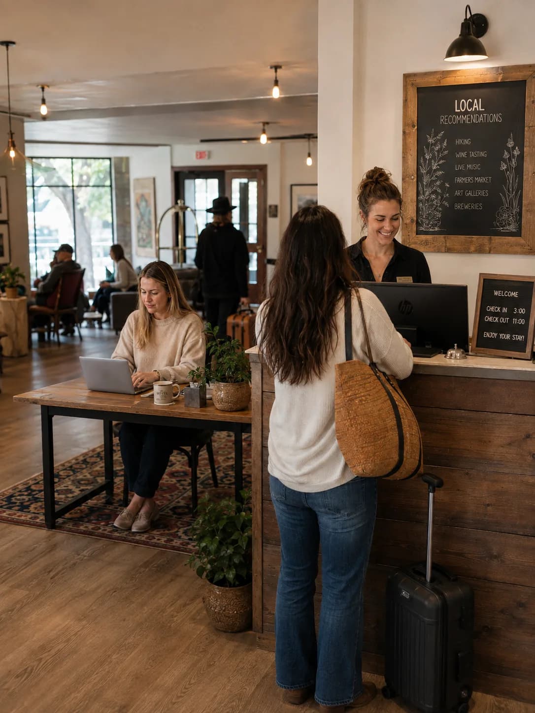 A receptionist checking a guest in at a small hotel's front desk while a colleague works at a laptop nearby.