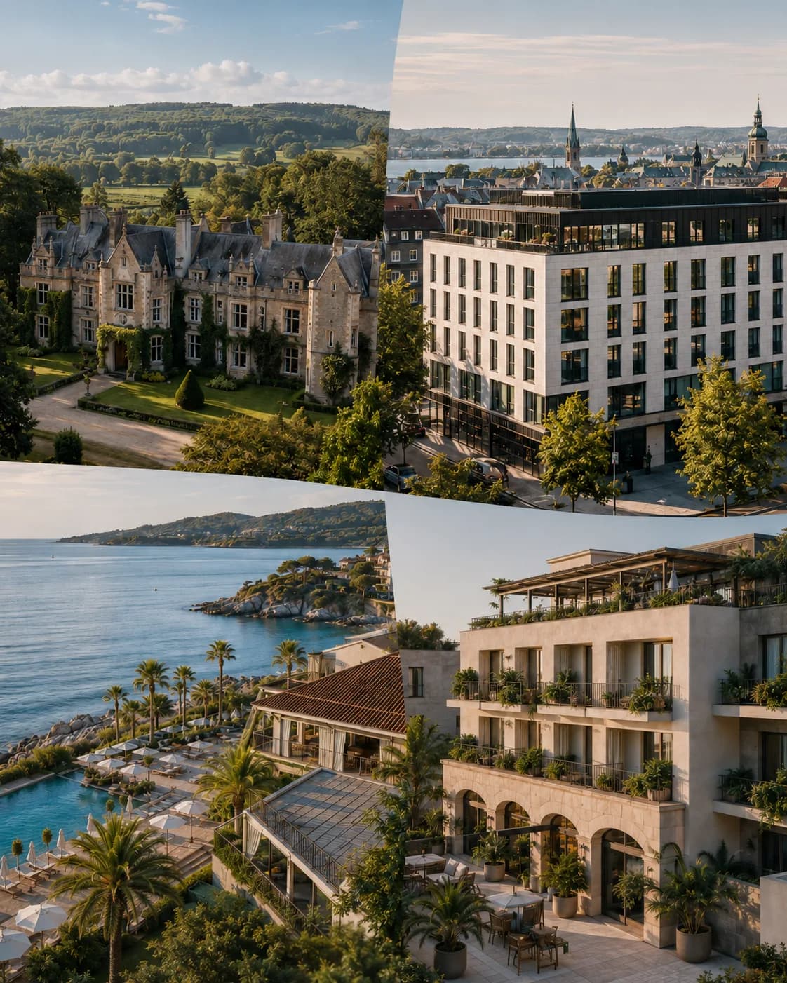 Four hotels in one portfolio: a country manor, a modern city hotel, a coastal resort and a terraced aparthotel.