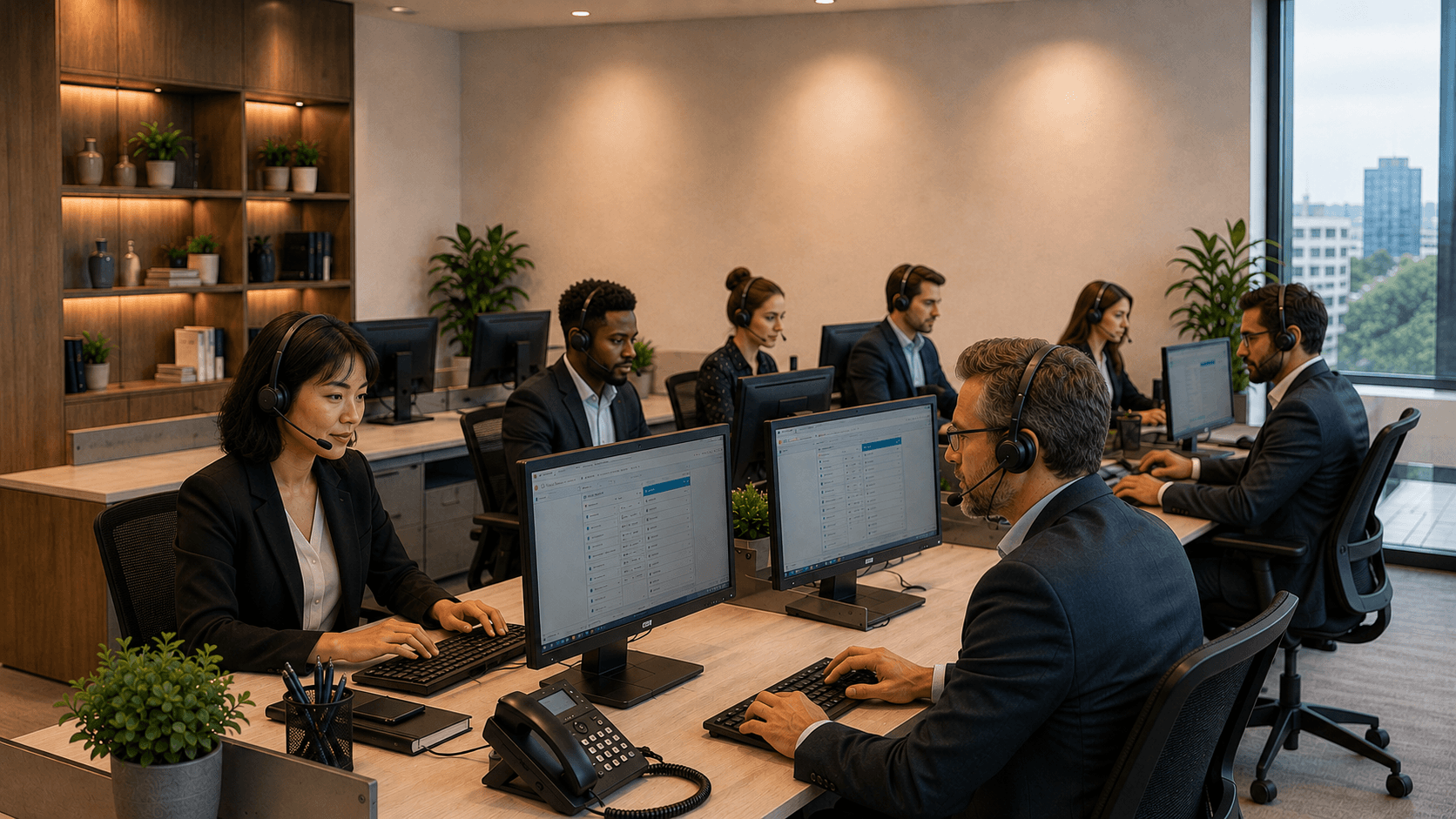 Central reservation team of a hotel group is answering emails and taking phone calls.
