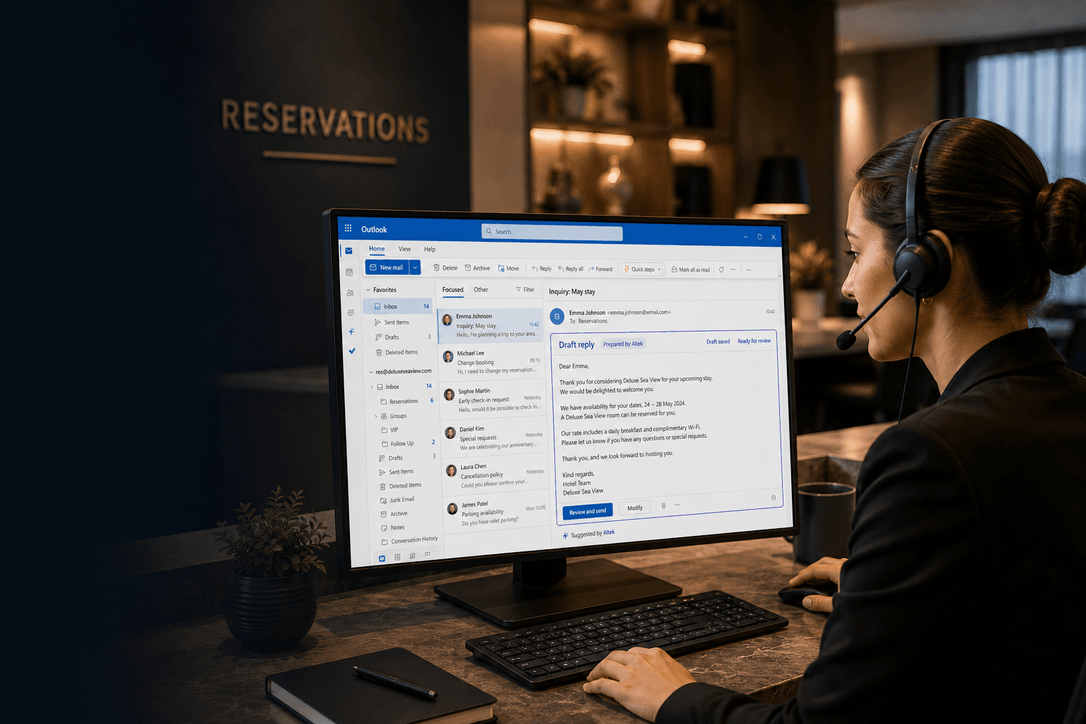 Staff in the front desk answering emails with ALTEK's email agent connected to Mews.