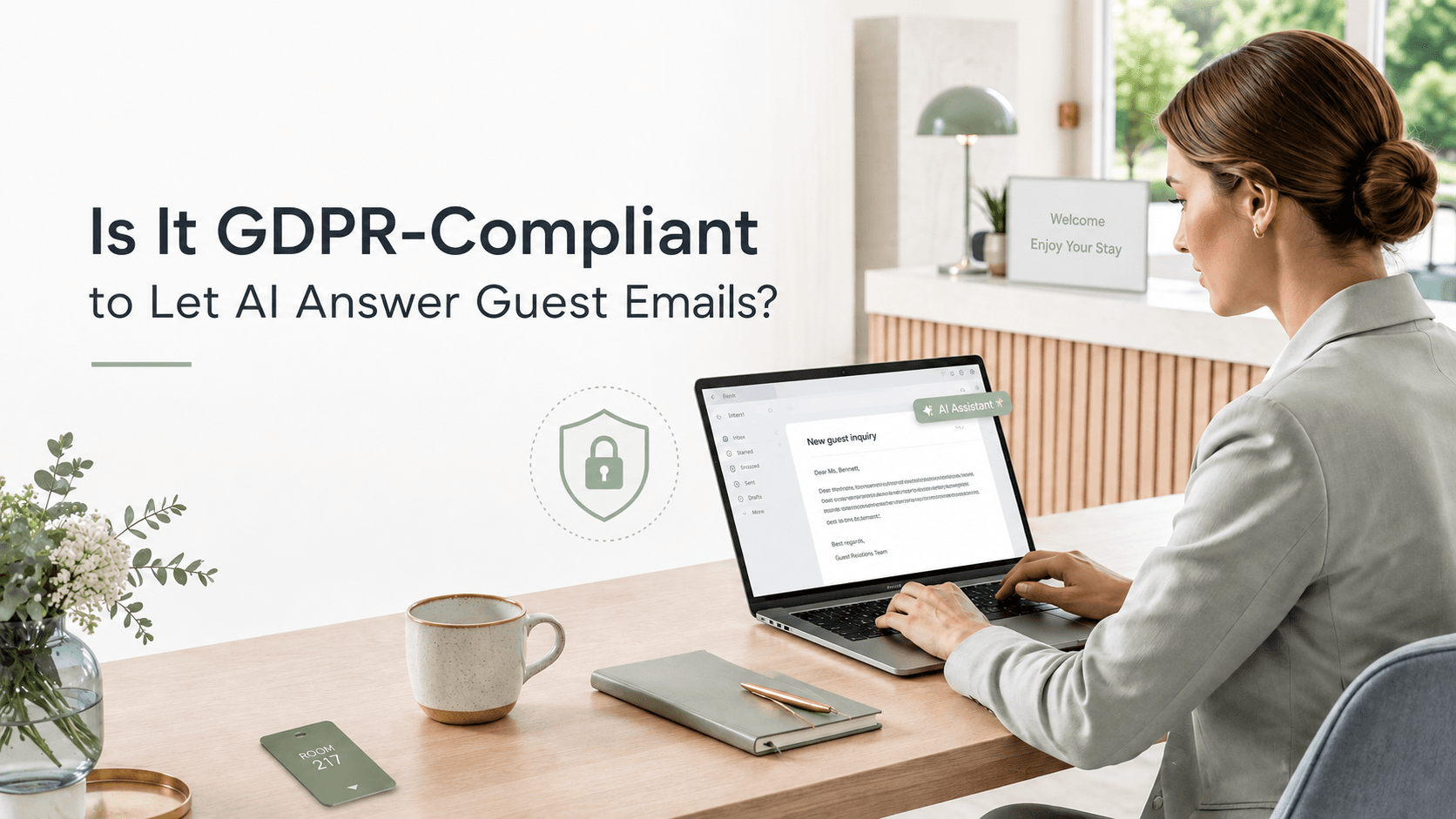 Image of a person answering emails with AI in a GDPR friendly way.